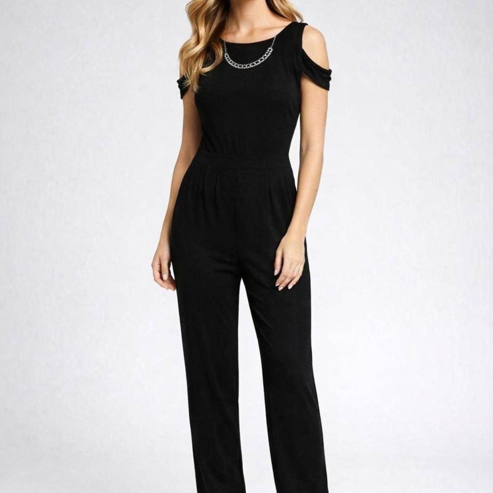 Kate and Lily Black Cold Shoulder Jumpsuit Gold Chain Detail Size 8 Straight Leg